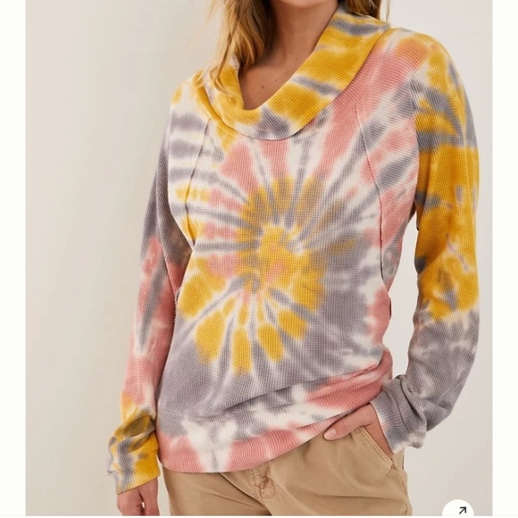 Anthropologie Pilcro Angie Mock Cowl Neck Tie Dye Long Sleeve Waffle Top shirt - Picture 1 of 10